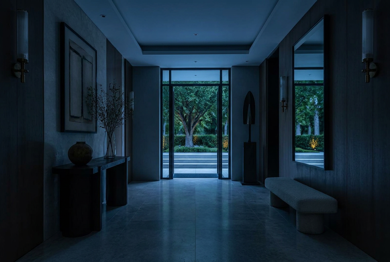 Entrance of the Artisian Decor residence at night, lit only by natural evening light