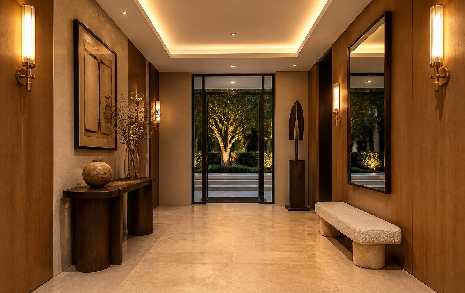 Entrance of the Artisian Decor residence with the architectural lighting on